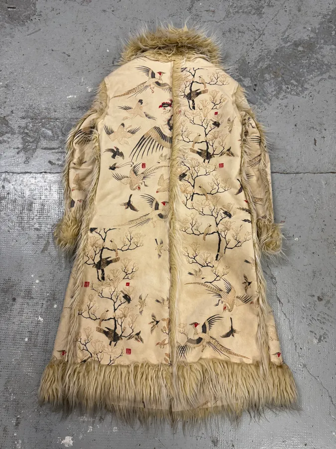 2000s Cavalli Fur White Asian Birds & Flowers Coat - Image 5