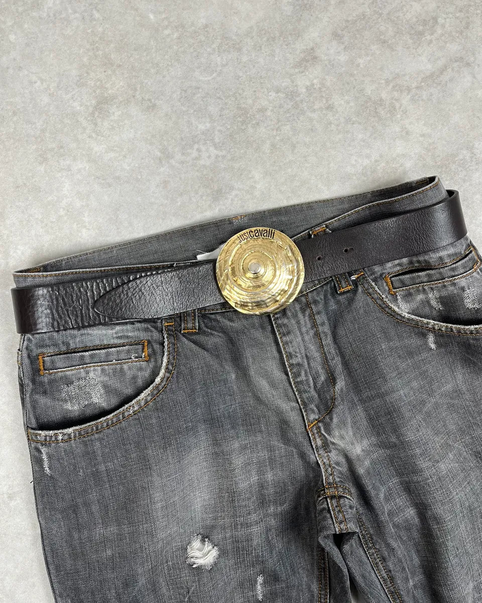 2000s Cavalli Gold Buckle Brown Leather Belt
