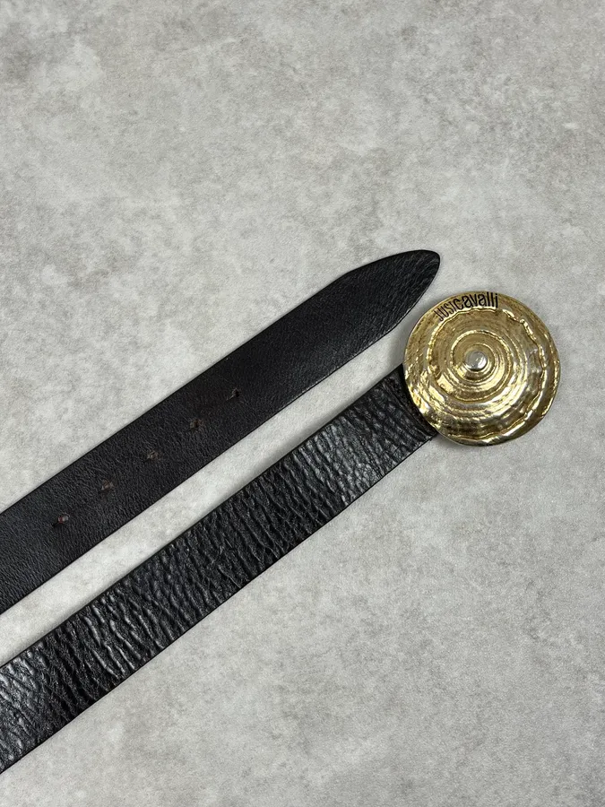 2000s Cavalli Gold Buckle Brown Leather Belt - Image 3