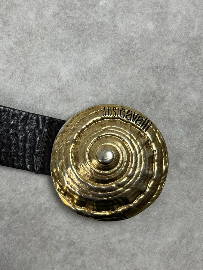 2000s Cavalli Gold Buckle Brown Leather Belt - Image 4