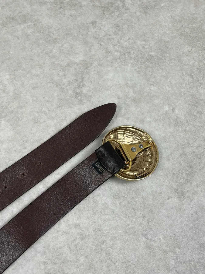 2000s Cavalli Gold Buckle Brown Leather Belt - Image 7