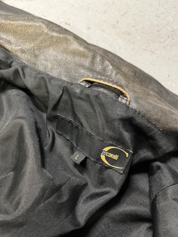 2000s Cavalli Grey Eroded Leather Jacket - Image 13