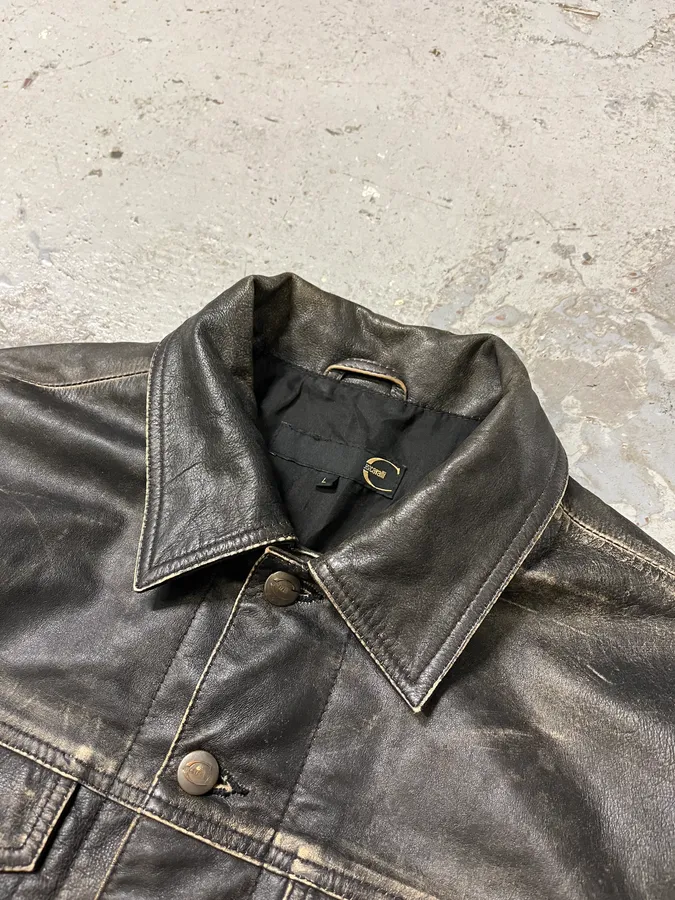 2000s Cavalli Grey Eroded Leather Jacket - Image 5