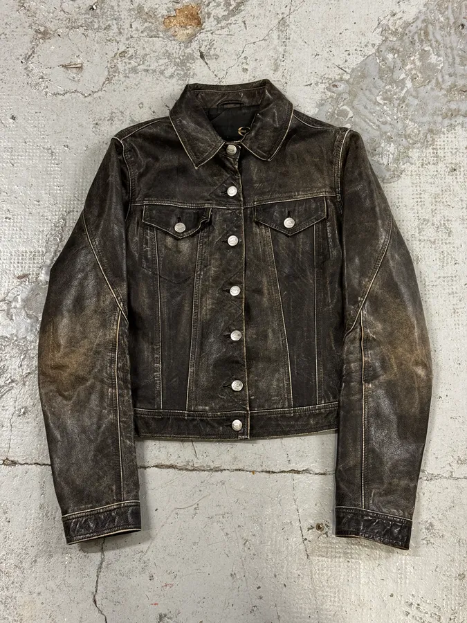 2000s Cavalli Grey Eroded Leather Trucker Jacket