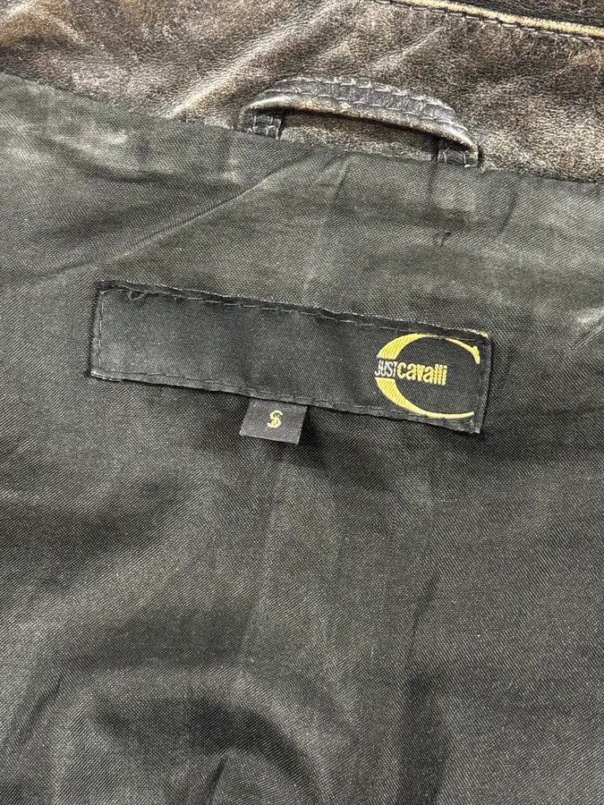 2000s Cavalli Grey Eroded Leather Trucker Jacket - Image 12