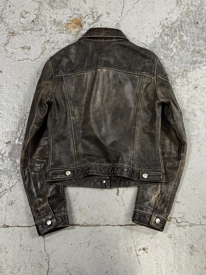 2000s Cavalli Grey Eroded Leather Trucker Jacket - Image 4
