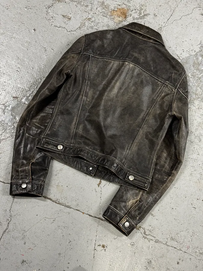 2000s Cavalli Grey Eroded Leather Trucker Jacket - Image 6
