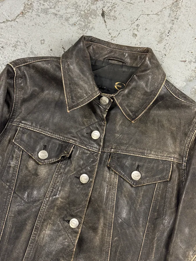 2000s Cavalli Grey Eroded Leather Trucker Jacket - Image 8
