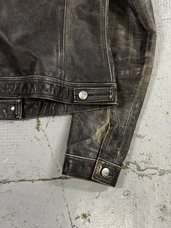 2000s Cavalli Grey Eroded Leather Trucker Jacket - Image 9