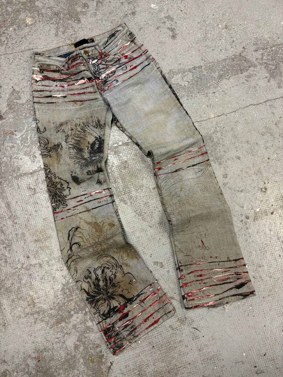2000s Cavalli Grey Scars Flowers Abstract Denim Jeans - Image 5