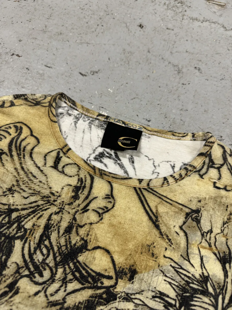 2000s Cavalli Ink Asian Flowers Beige Longsleeves - Image 4