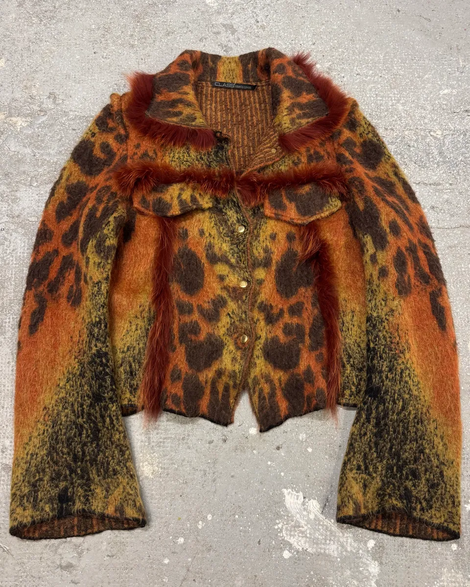 2000s Cavalli Lava Red Exotic Wool Fur Cardigan