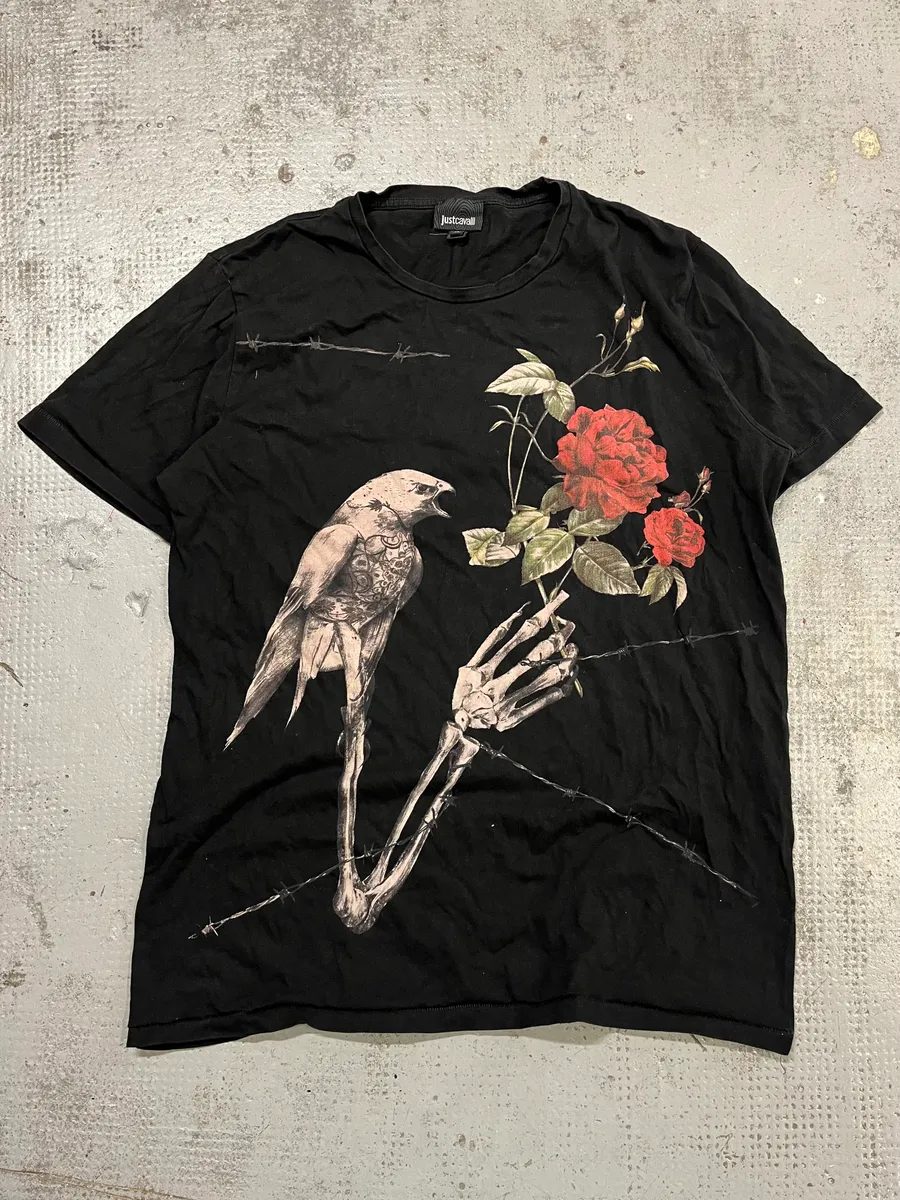 2000s Cavalli Nature Morte Black Rose Bird T-Shirt - Image 4