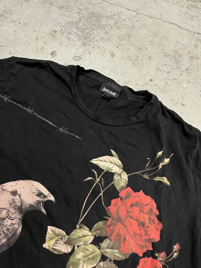 2000s Cavalli Nature Morte Black Rose Bird T-Shirt - Image 5