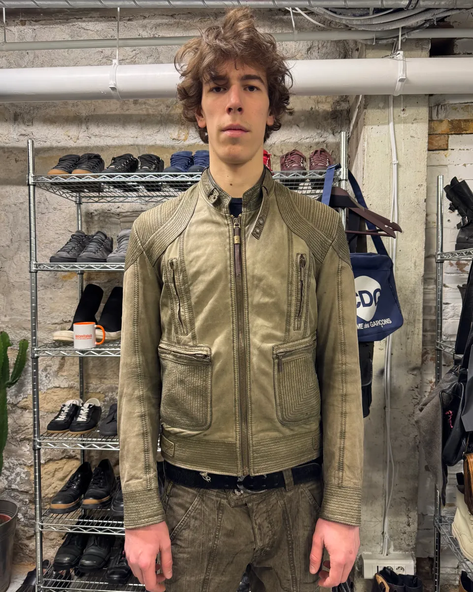 2000s Cavalli Olive Innovative Structured Biker Leather Jacket - Image 2