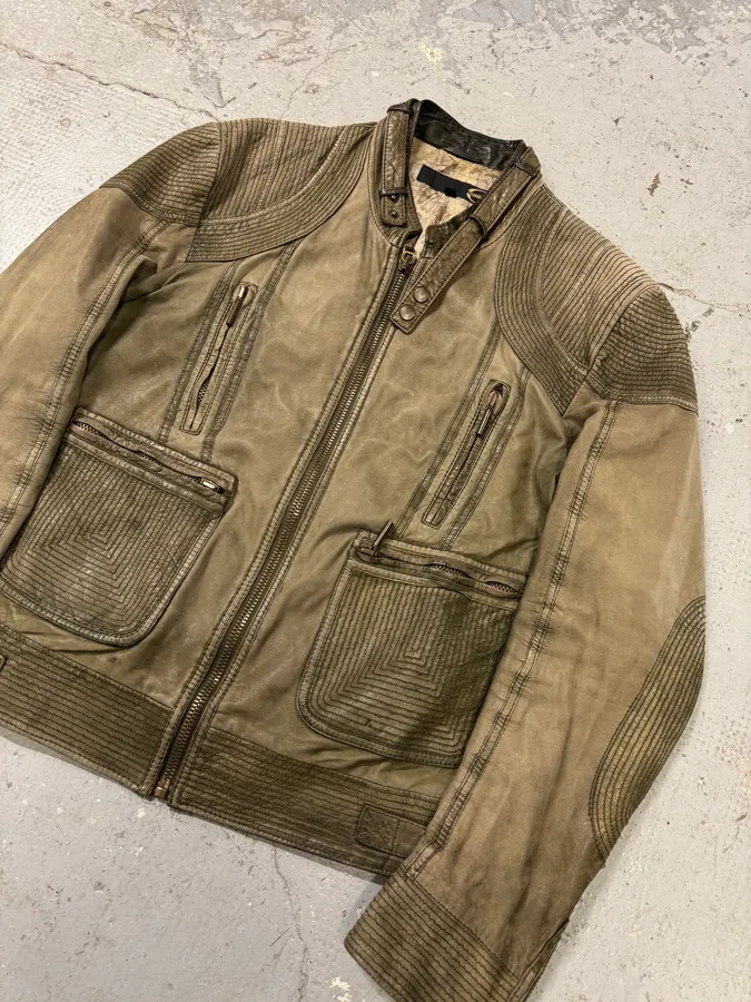 2000s Cavalli Olive Innovative Structured Biker Leather Jacket - Image 3