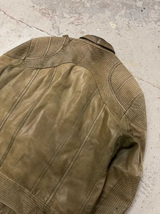 2000s Cavalli Olive Innovative Structured Biker Leather Jacket - Image 9