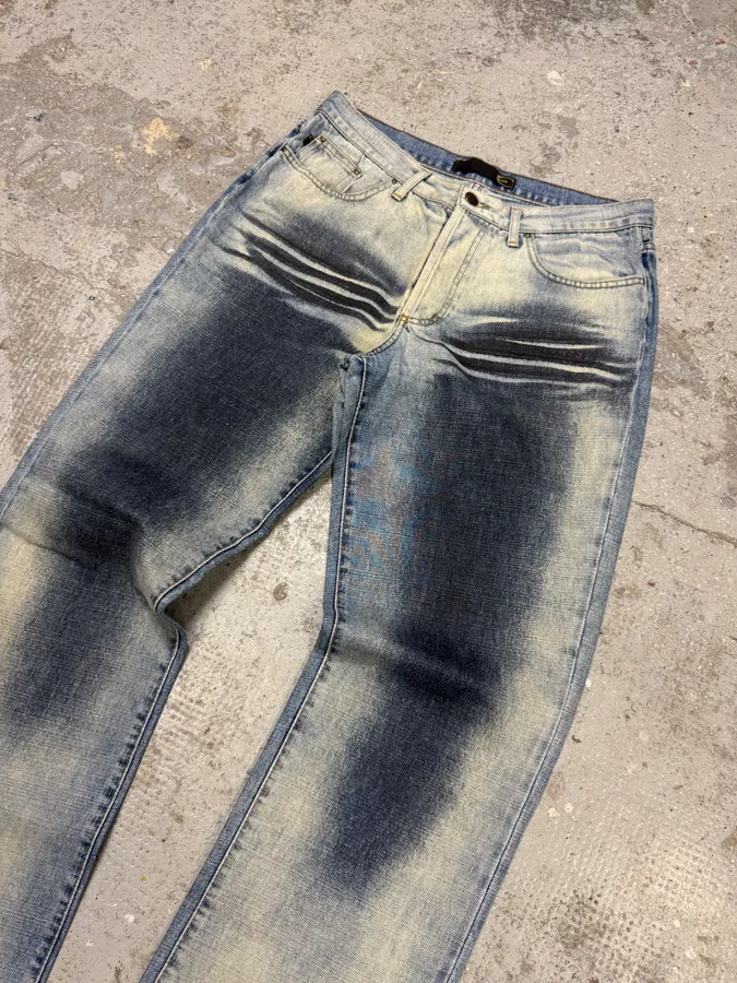2000s Cavalli Overprint Faded Blue Denim Jeans - Image 5