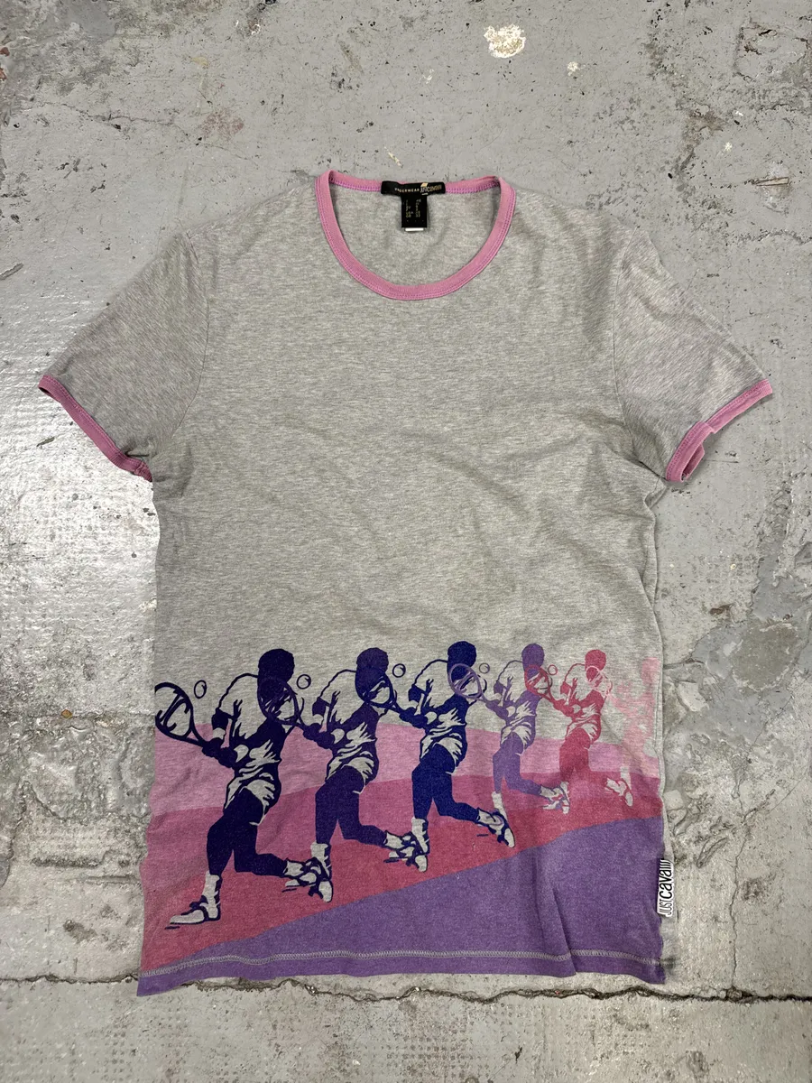 2000s Cavalli Pink Retro Tennis Grey T-Shirt - Image 5