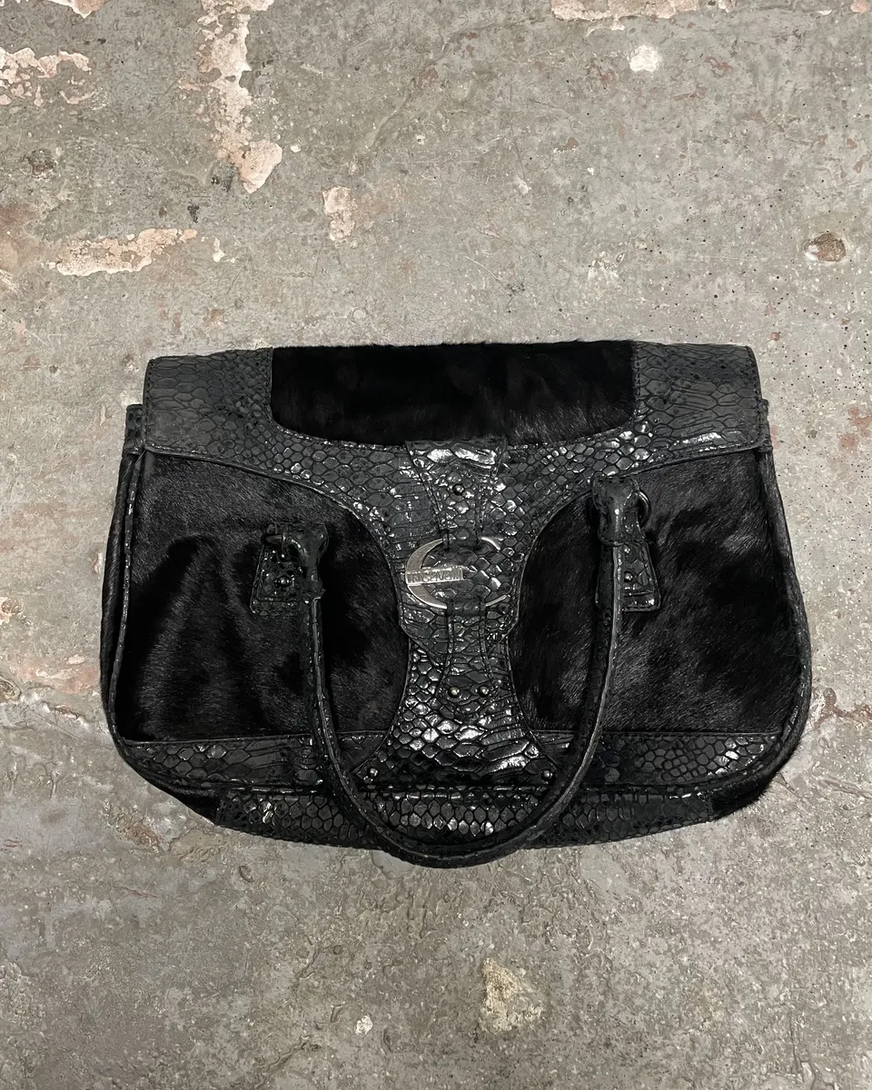 2000s Cavalli Pony Hair & Black Leather Python Effect Bag - Image 2