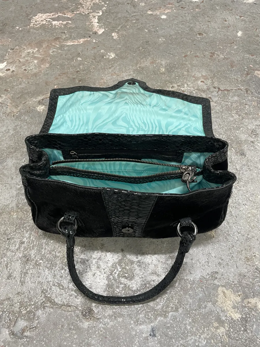 2000s Cavalli Pony Hair & Black Leather Python Effect Bag - Image 3