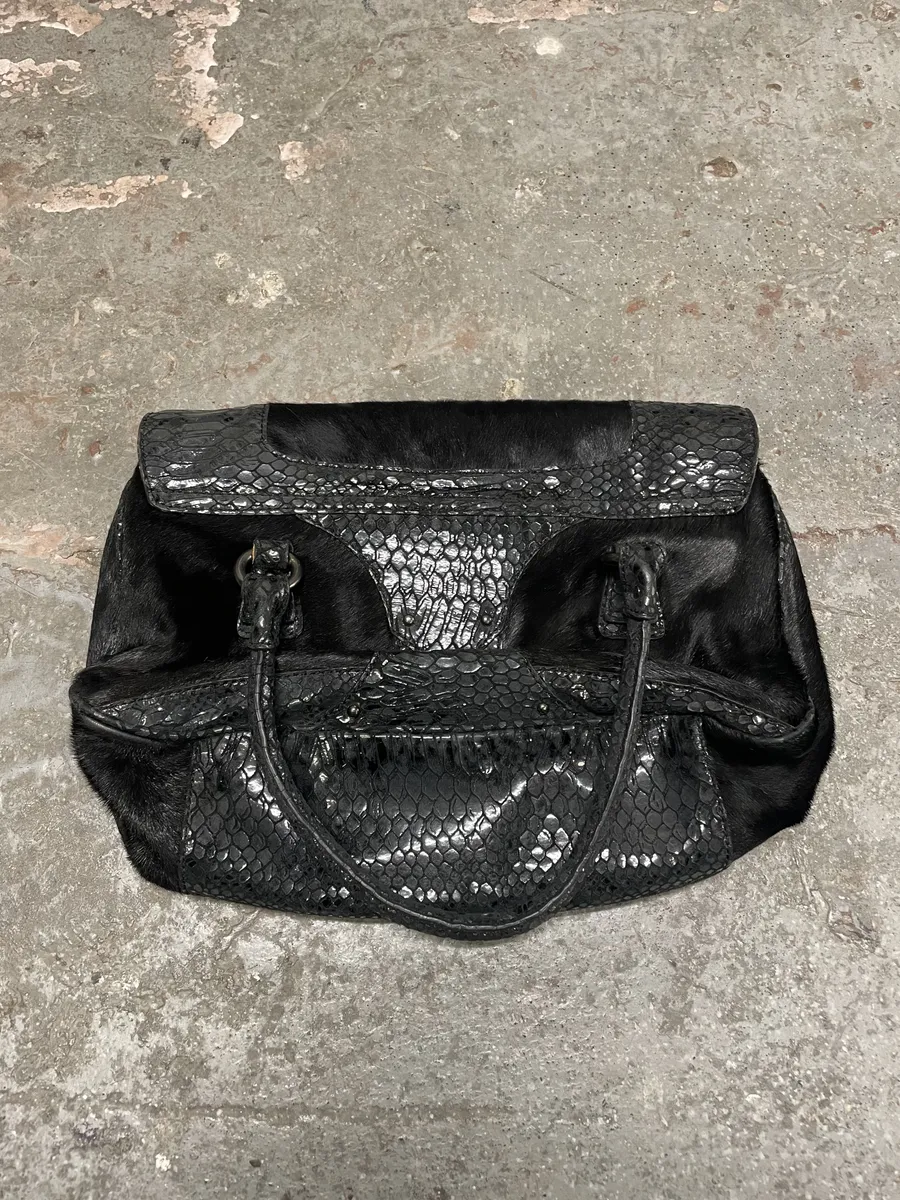 2000s Cavalli Pony Hair & Black Leather Python Effect Bag - Image 7