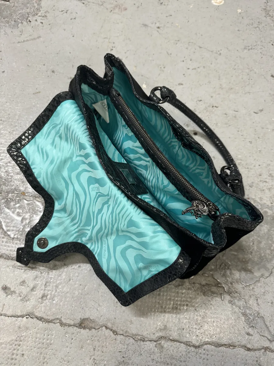 2000s Cavalli Pony Hair Black Python Scales Effect Leather Handle Bag - Image 11