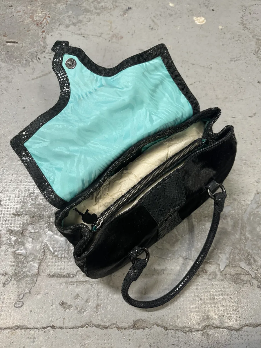 2000s Cavalli Pony Hair Black Python Scales Effect Leather Handle Bag - Image 13