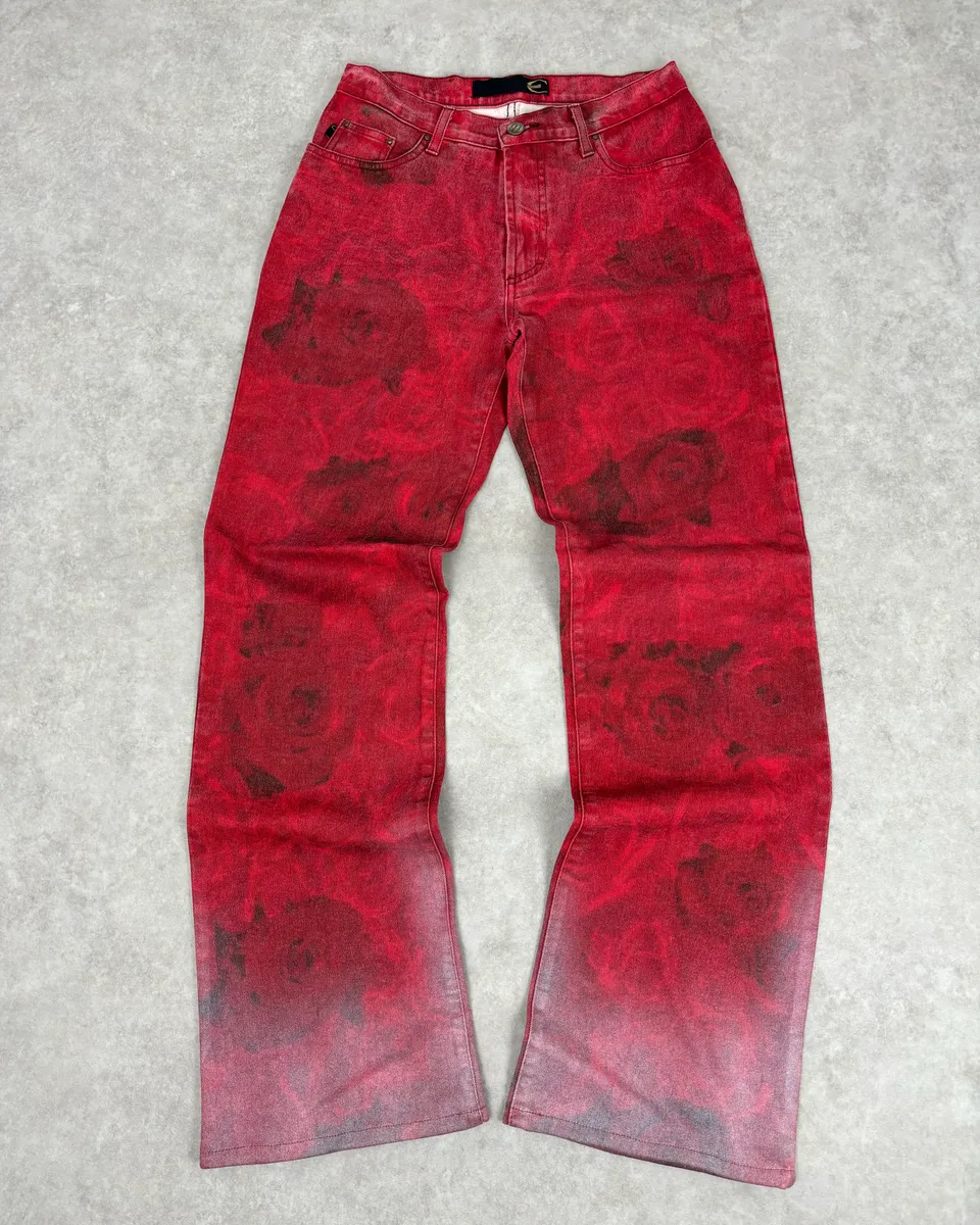 2000s Cavalli Red Flowers Blossom Acid-Washed Pants