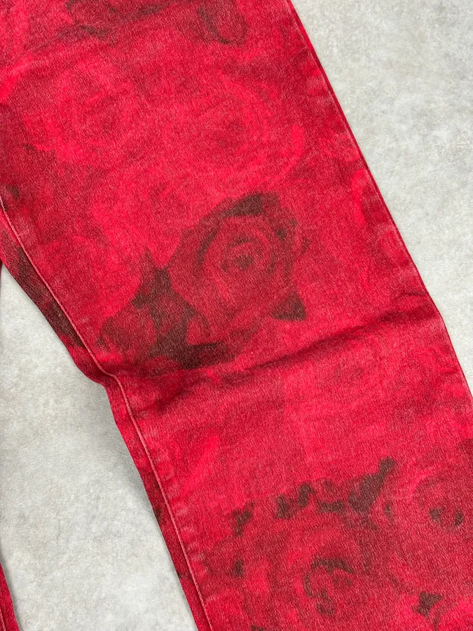 2000s Cavalli Red Flowers Blossom Acid-Washed Pants - Image 10