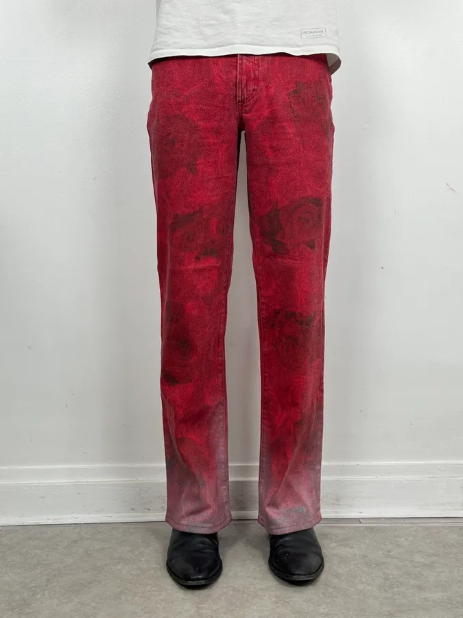 2000s Cavalli Red Flowers Blossom Acid-Washed Pants - Image 2