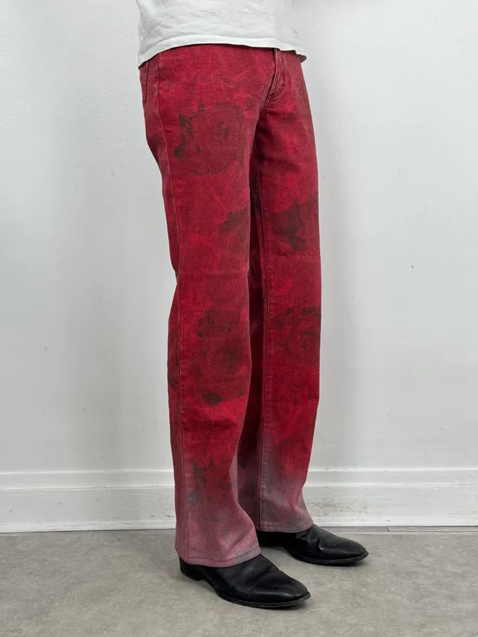 2000s Cavalli Red Flowers Blossom Acid-Washed Pants - Image 3