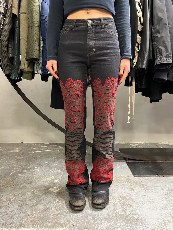 2000s Cavalli Red Tiger Black Black Jeans
