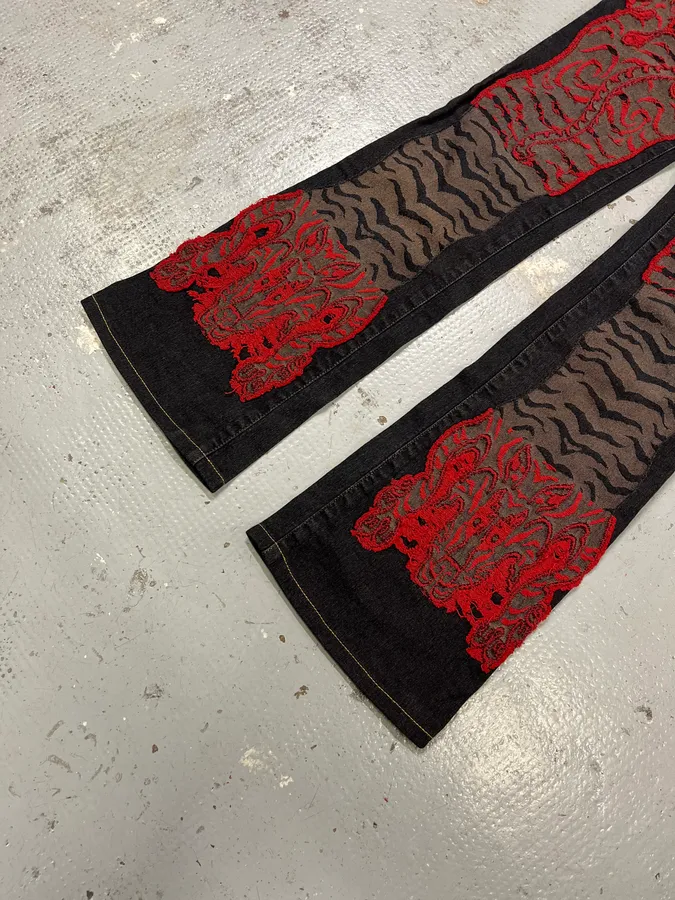 2000s Cavalli Red Tiger Black Black Jeans - Image 5