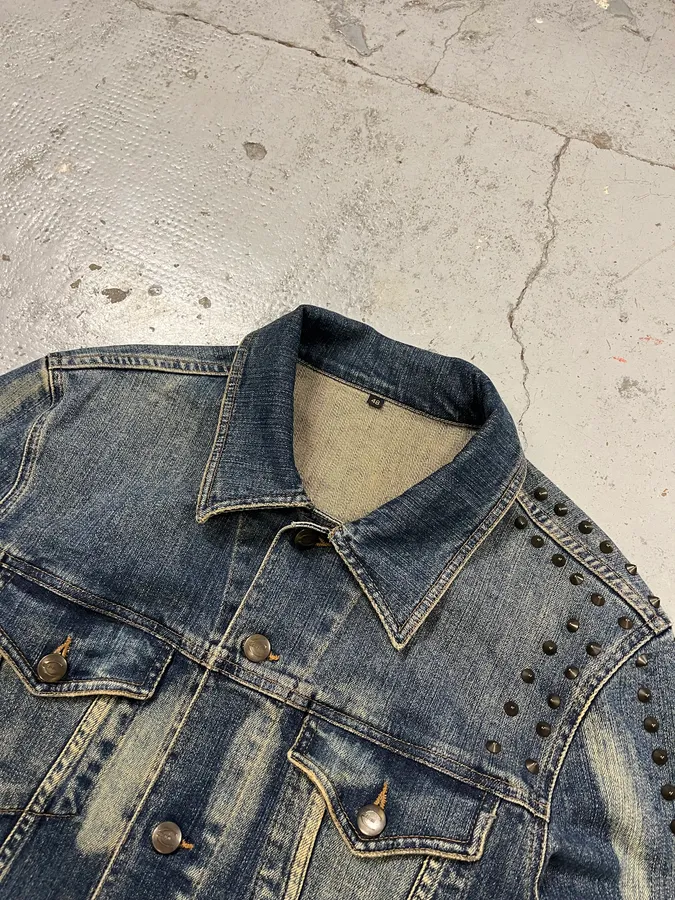 2000s Cavalli Rock Studded Faded Blue Denim Jacket - Image 5