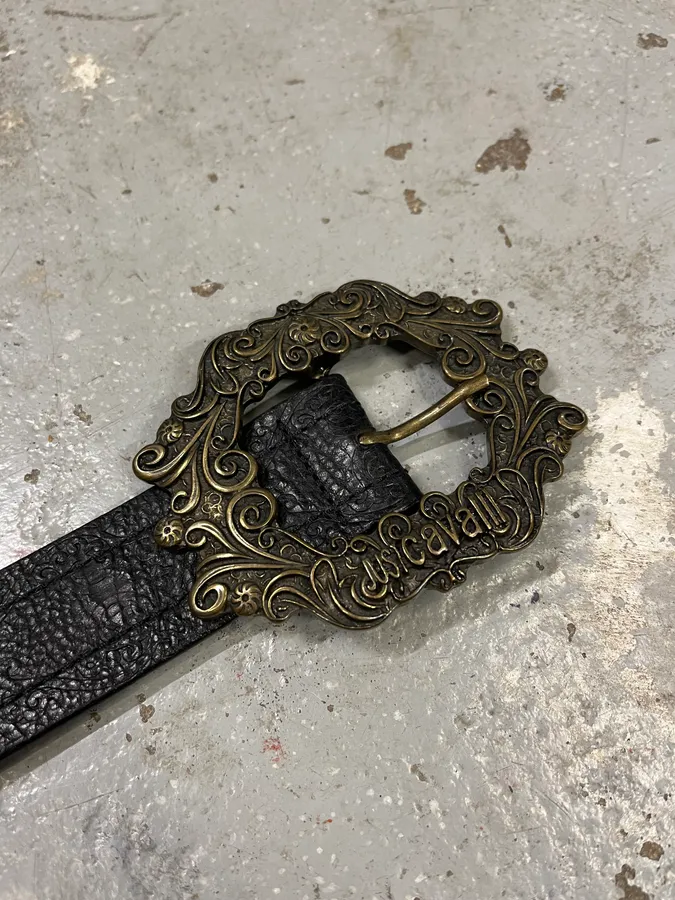 2000s Cavalli Royal Buckle Black Leather Belt - Image 6