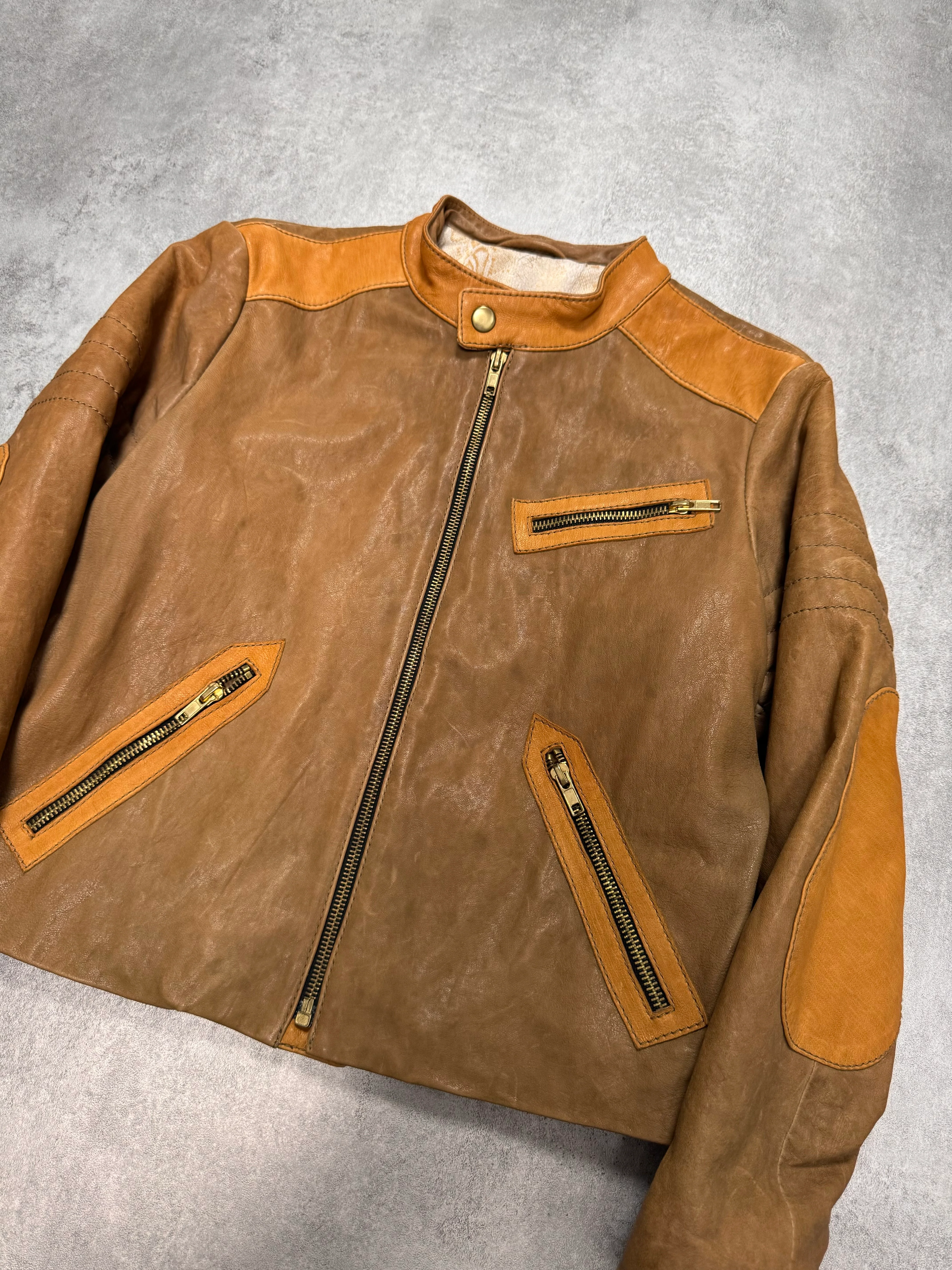 2000s Cavalli Sample Biker Cropped Beige Leather Jacket - Image 2