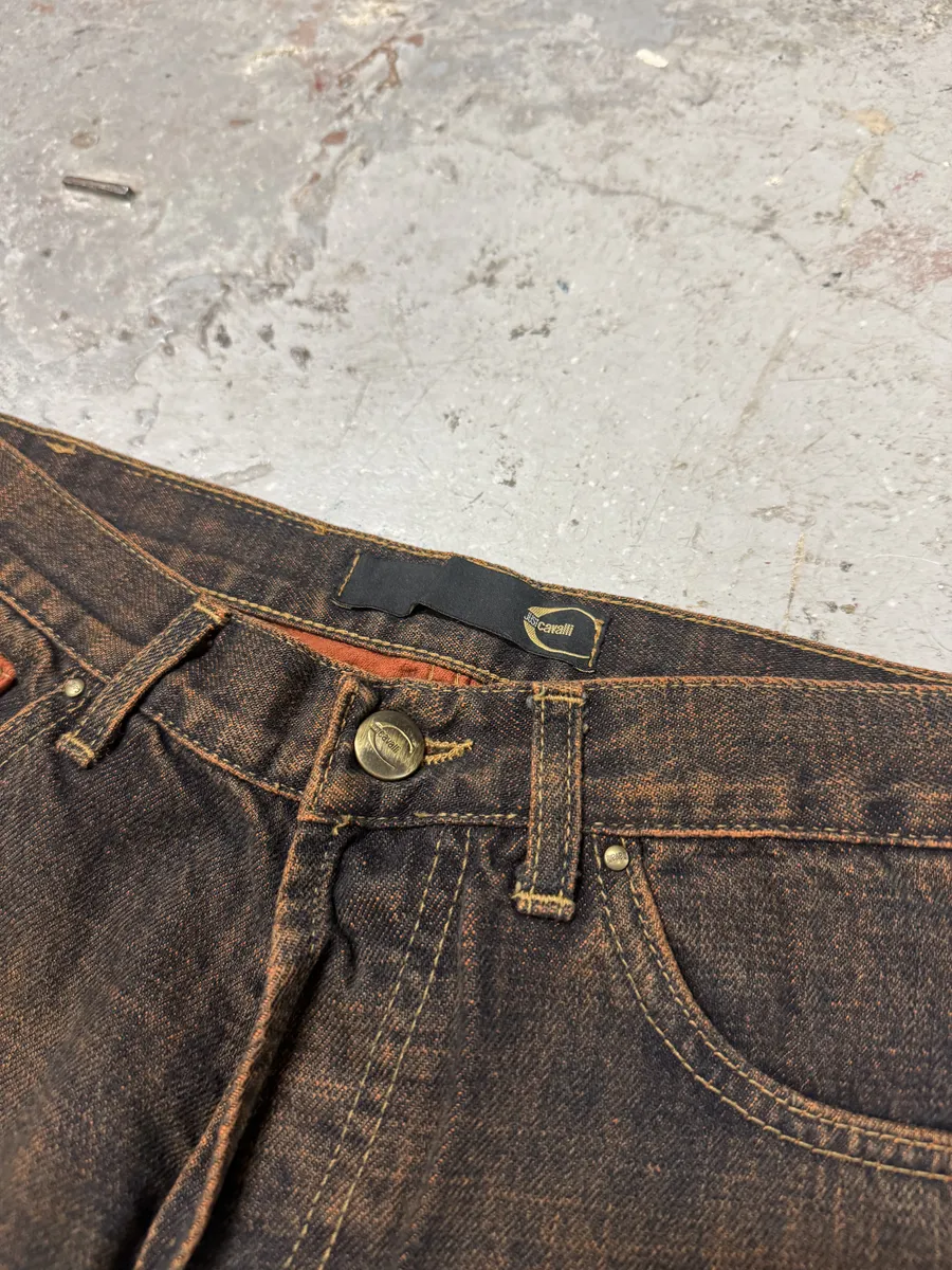 2000s Cavalli Straight Large Orange Velvet & Faded Denim Jeans - Image 10