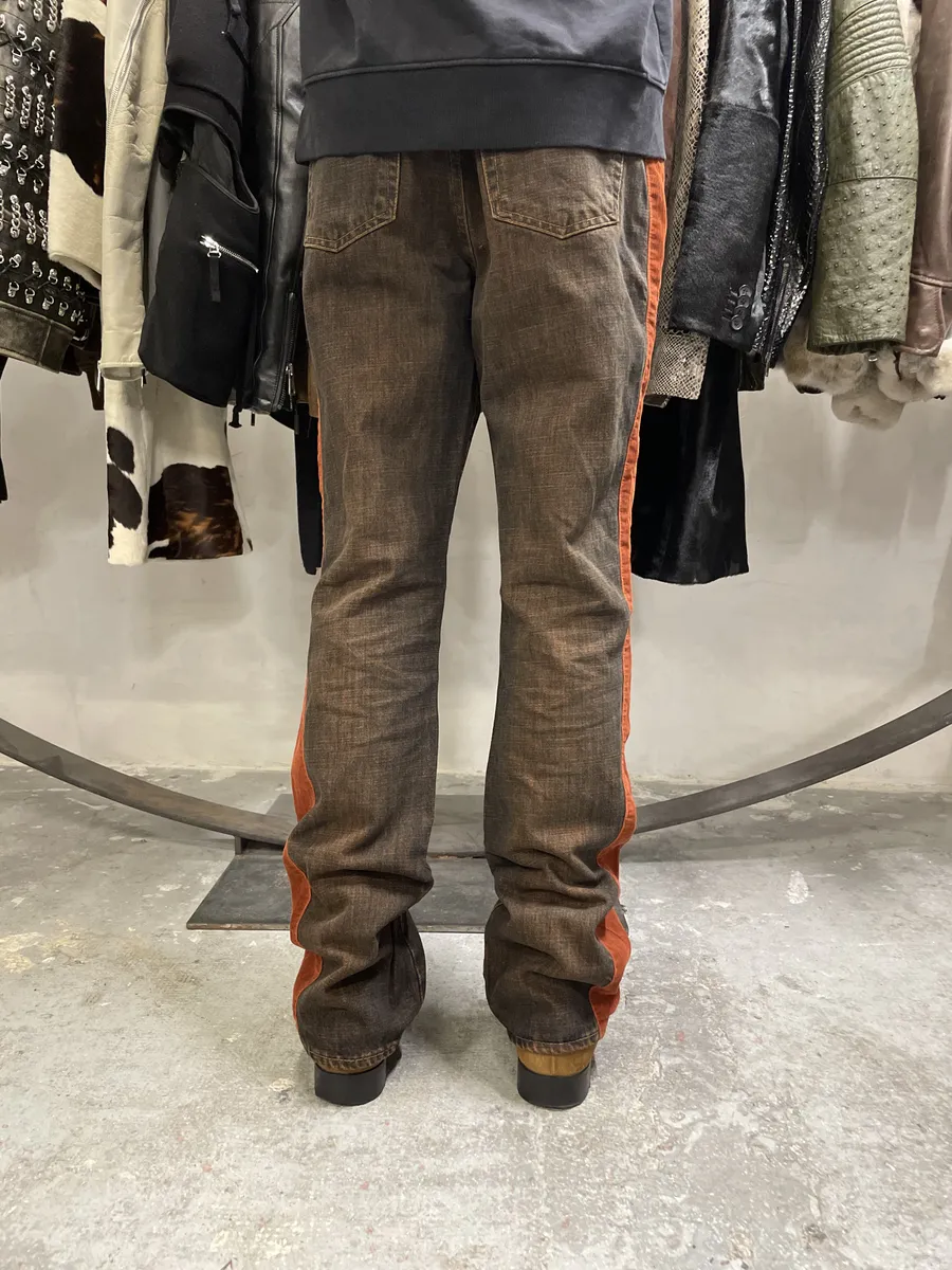2000s Cavalli Straight Large Orange Velvet & Faded Denim Jeans - Image 6