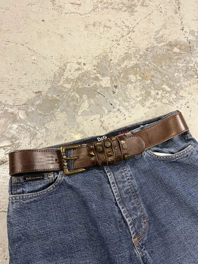 2000s Cavalli Studded Leather Brown Belt - Image 3