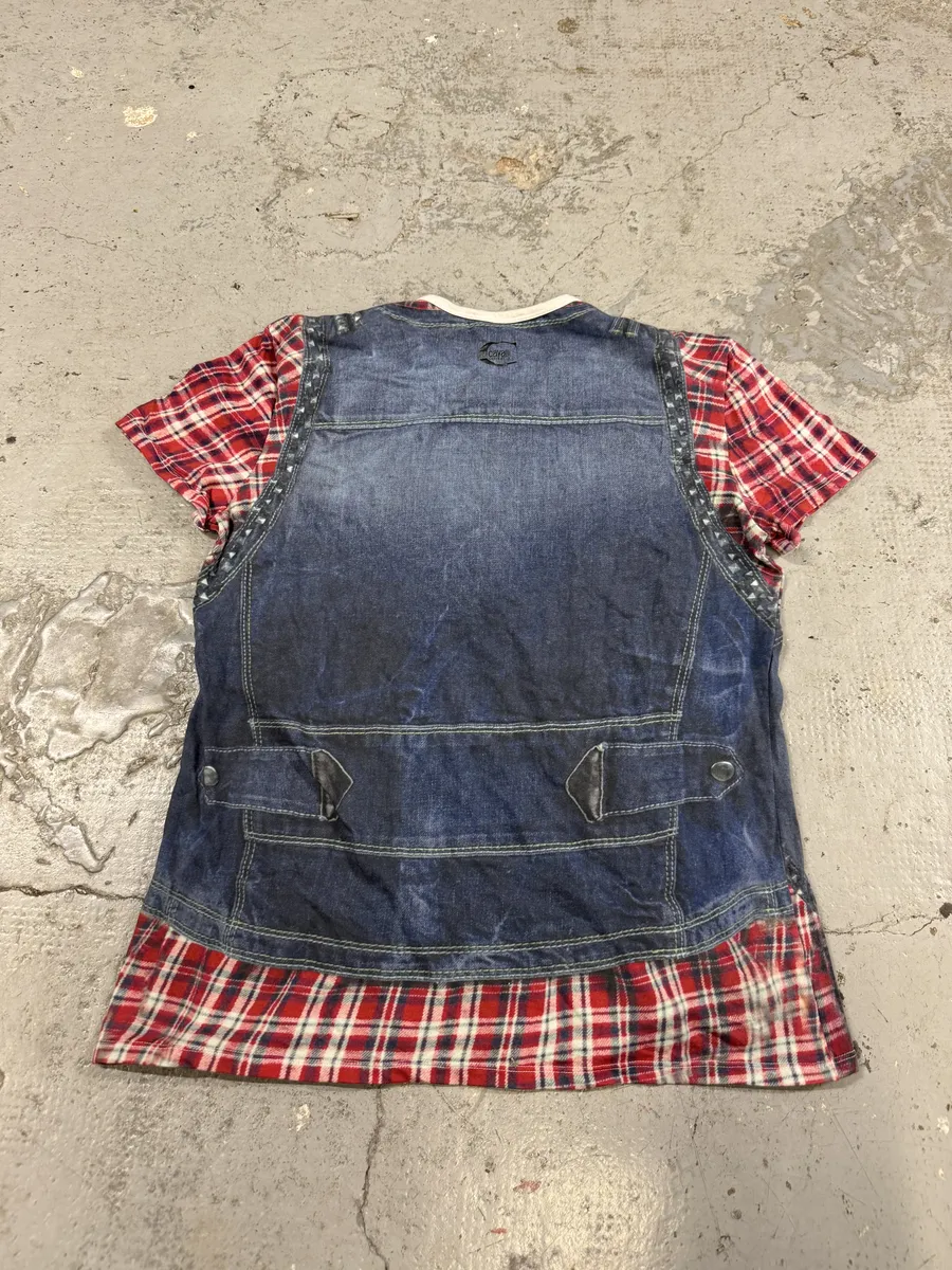 2000s Cavalli Trompe L’Oeil Denim Blue & Red Tartan T-Shirt - Image 4