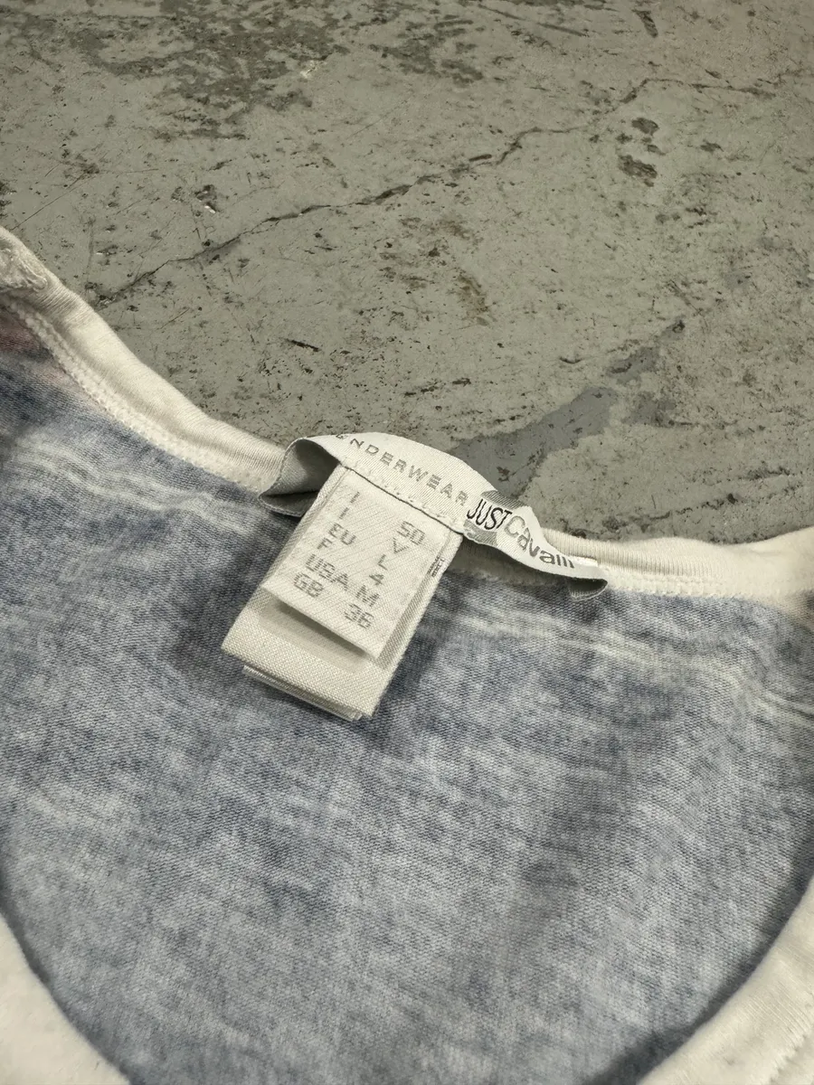 2000s Cavalli Trompe L’Oeil Denim Blue & Red Tartan T-Shirt - Image 5