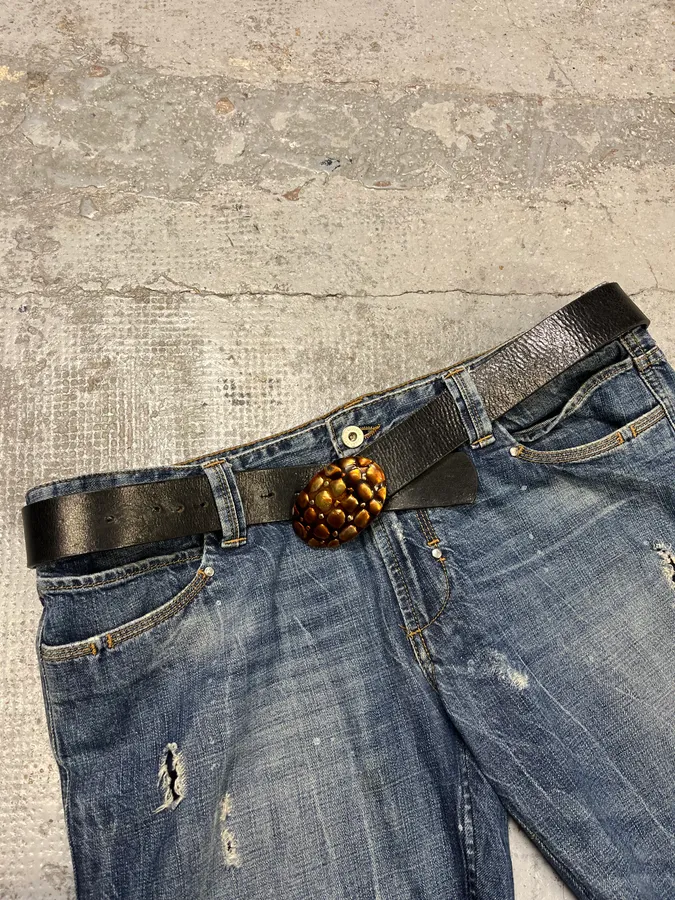 2000s Cavalli Turtle Shell Black Leather Belt - Image 3