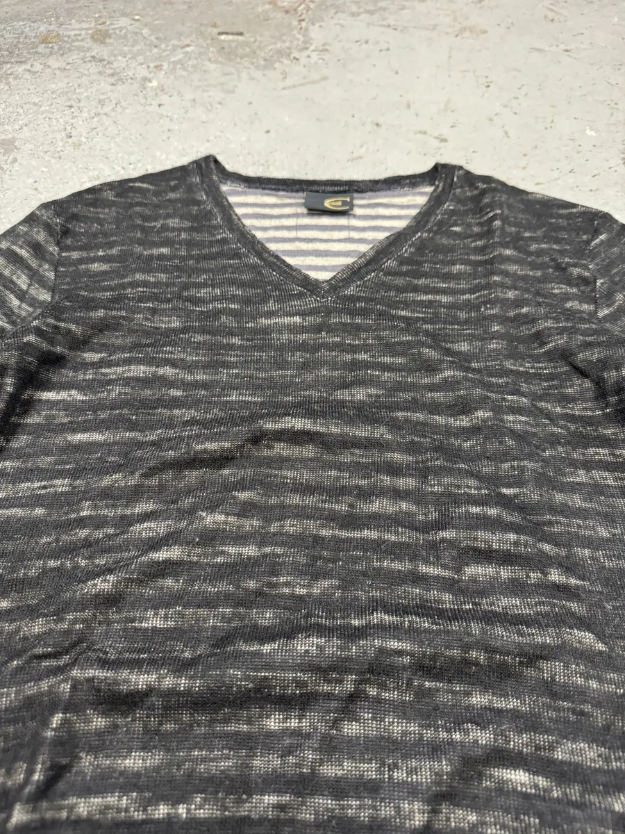 2000s Cavalli V Neck Anthracite Wool Striped Sweater - Image 8