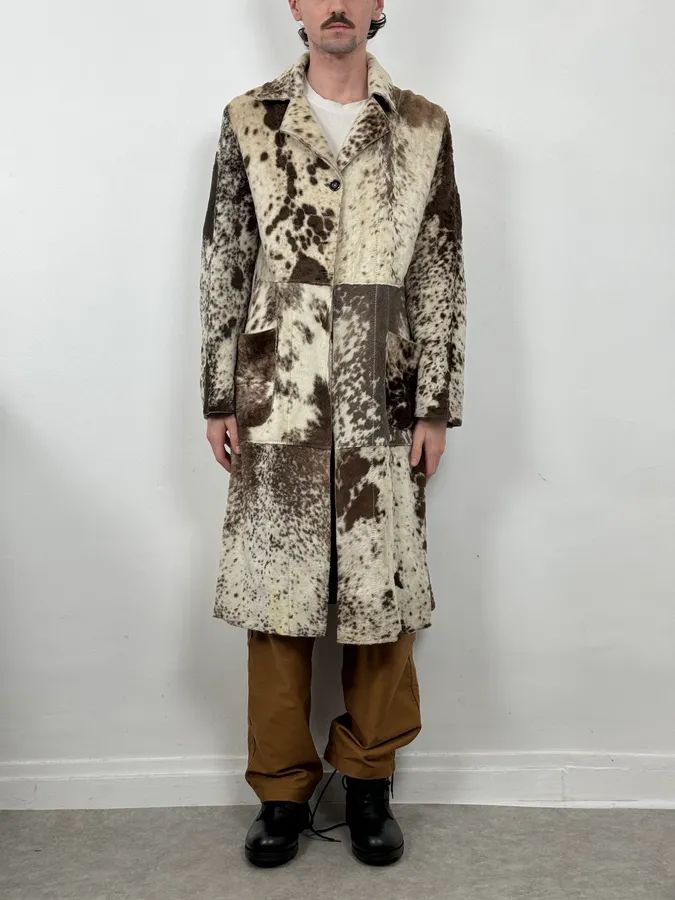 2000s Cavalli White & Brown Faux Fur Cow Effect Leather Trench Coat - Image 2