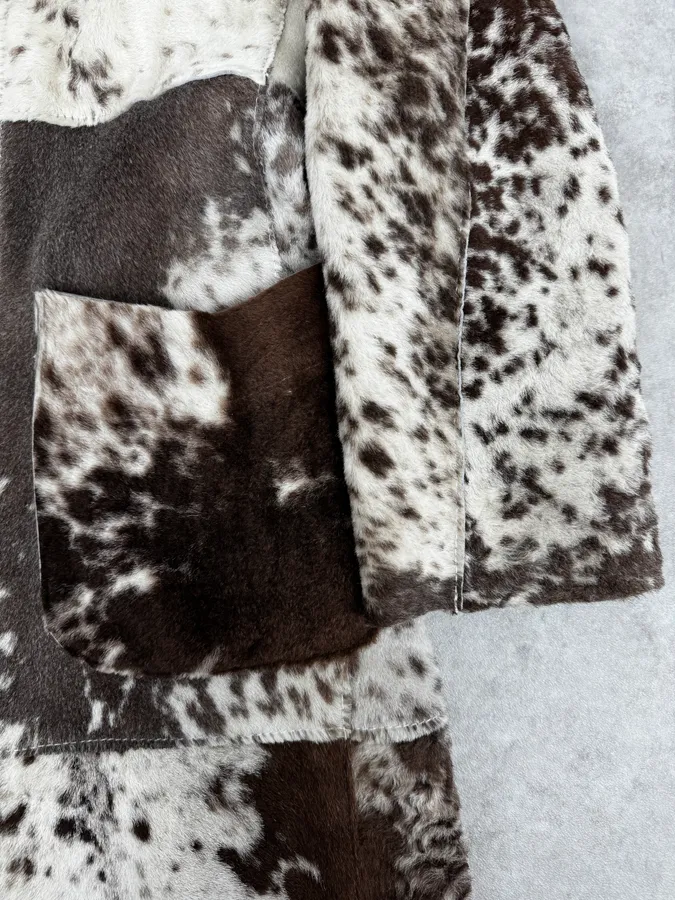 2000s Cavalli White & Brown Faux Fur Cow Effect Leather Trench Coat - Image 8