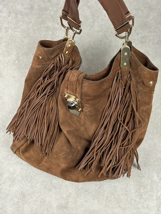 2000s Celine Brown Suede Fringe Shoulder Bag - Image 8