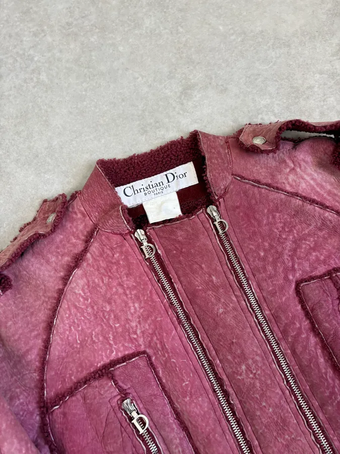 2000s Christian Dior Burgundy Shearling Leather Jacket - Image 5