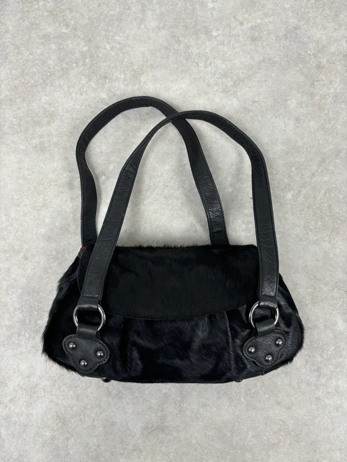 2000s Christian Lacroix Pony Hair Black Leather Handle Bag