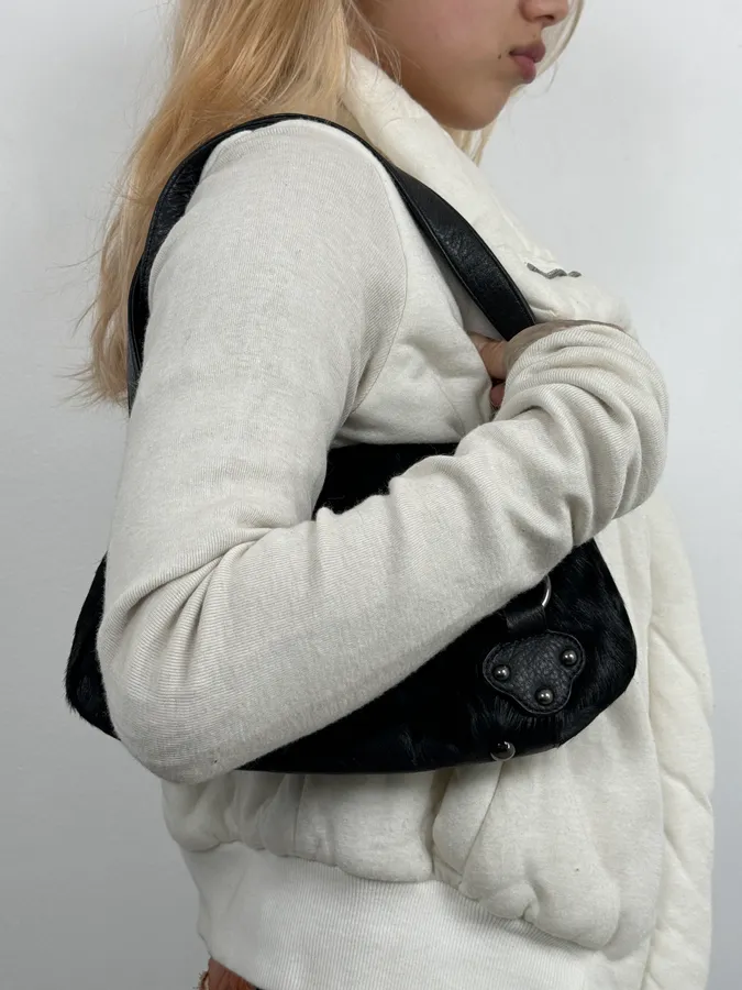 2000s Christian Lacroix Pony Hair Black Leather Handle Bag - Image 3